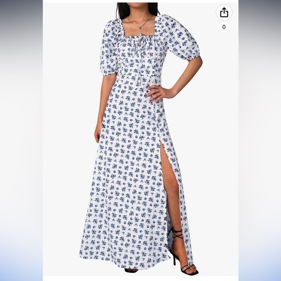 Puff Sleeve Dress Summer Fashion Floral
Lace-up Square Collar Split Long - Picture 1 of 6